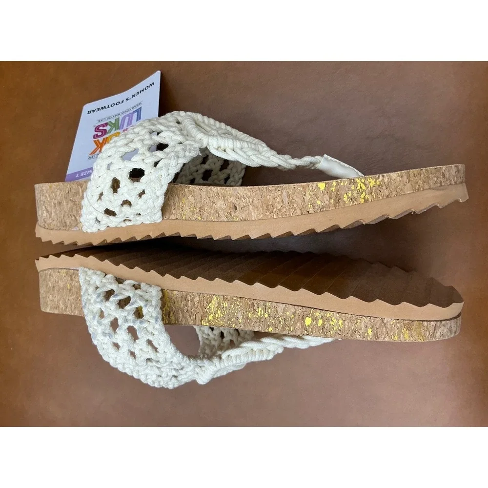 Muk Luks Macrame Thong Sandals Womens 7 Beige New Gold Fleck Cork Slides 1200325